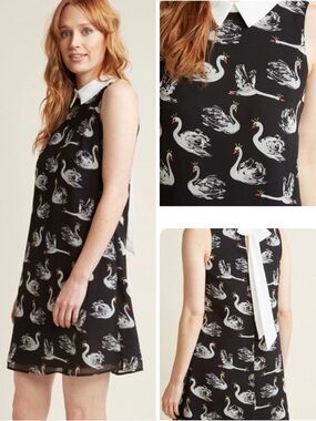 ModCloth Swan Print Sleeveless Bow Back Mini Dress Size Medium